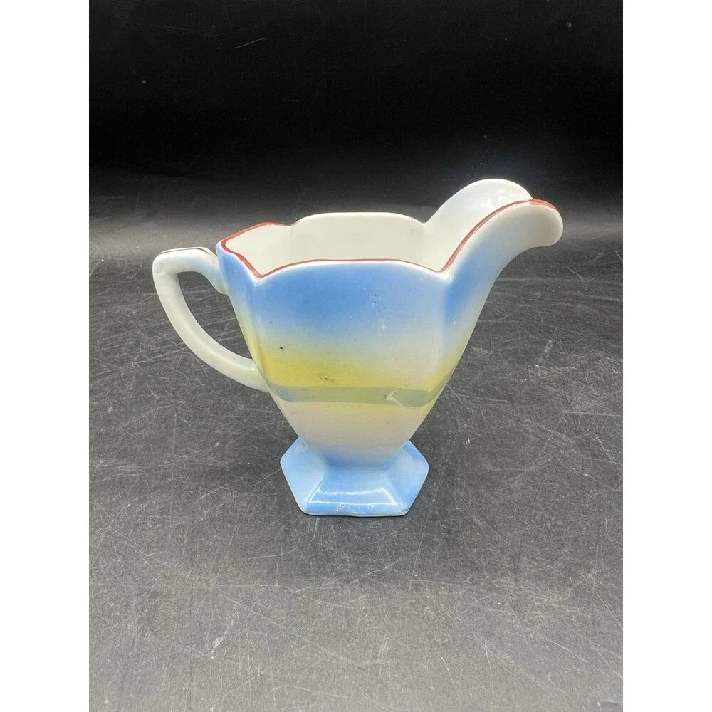 VTG Hand Painted Japan Porcelain Creamer Pitcher Cottage Landscape 4” Blue